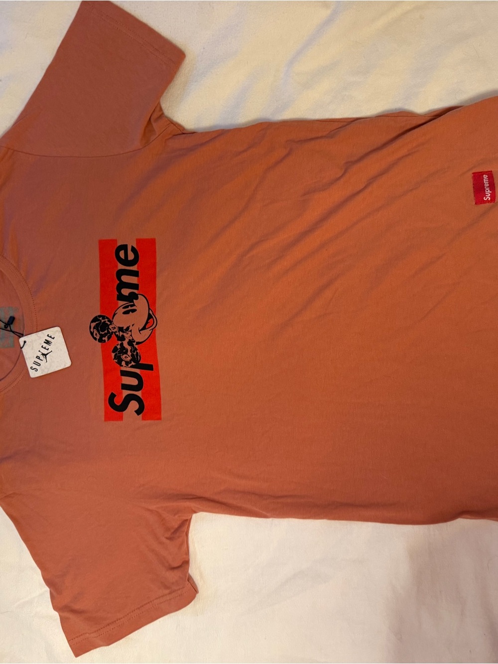 Graphic Tee NWT Clay Red Coral Pink with Black Logo with Supreme and Mickey